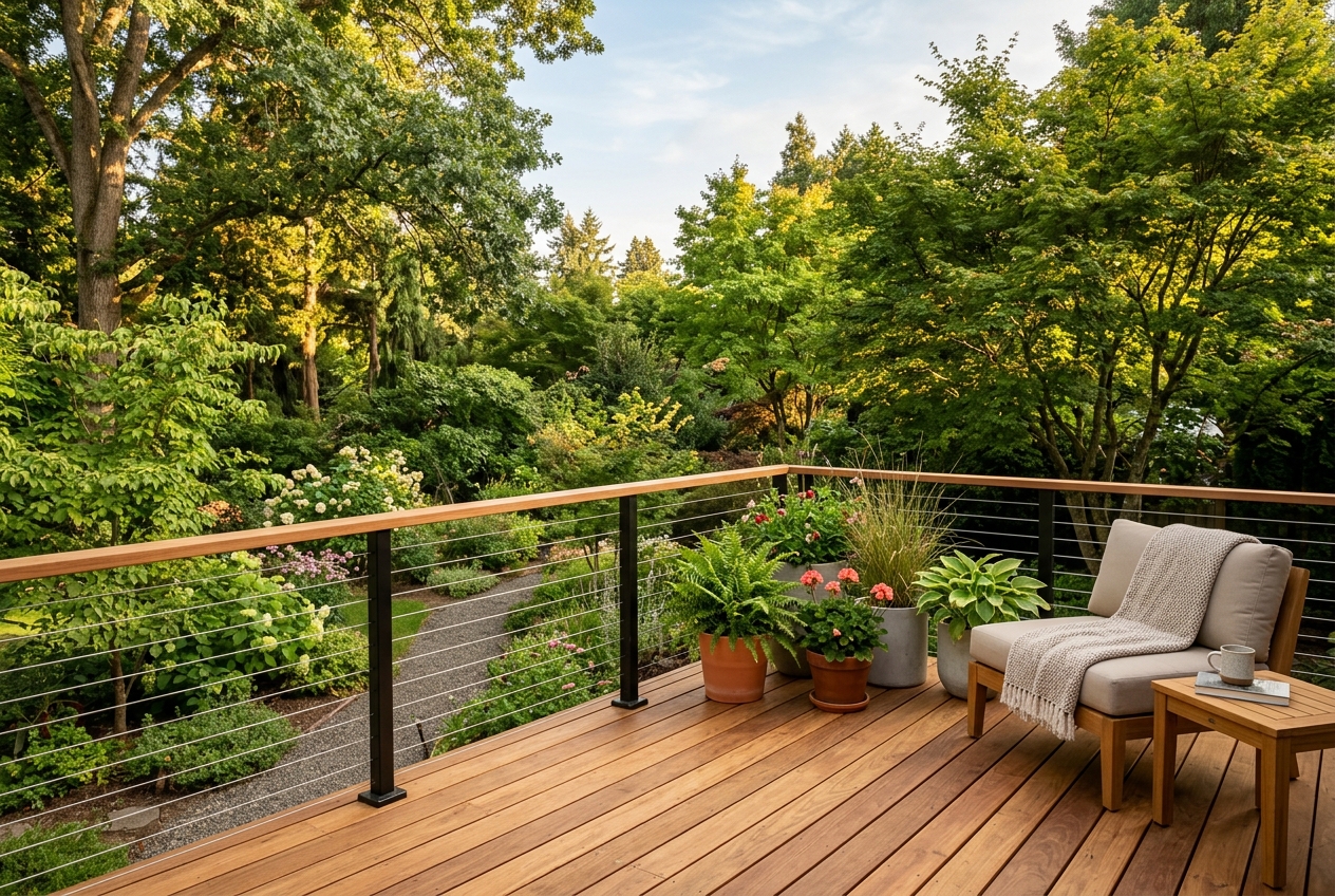 Newly built cedar deck with cable railing overlooking a green garden