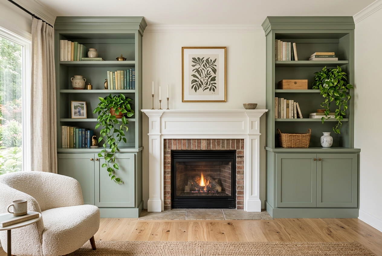 Custom sage-green built-in bookshelves and cabinetry around a fireplace
