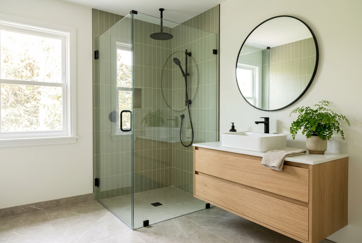 Freshly remodeled modern bathroom with sage tile walk-in shower and floating oak vanity