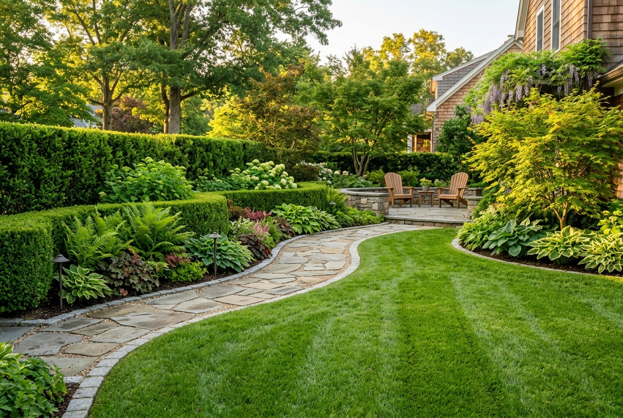 Pristine landscaped backyard with trimmed hedges and stone walkway