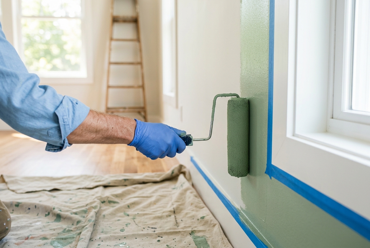 Painter rolling fresh sage-green paint onto an interior wall