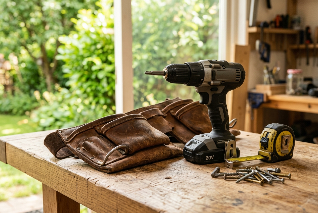 Tool belt and cordless drill on a workbench during a repair